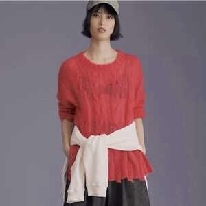 Anthropologie The Posey Stitchy Sweater  Oversized S Pink Open Knit Wool Blend‎